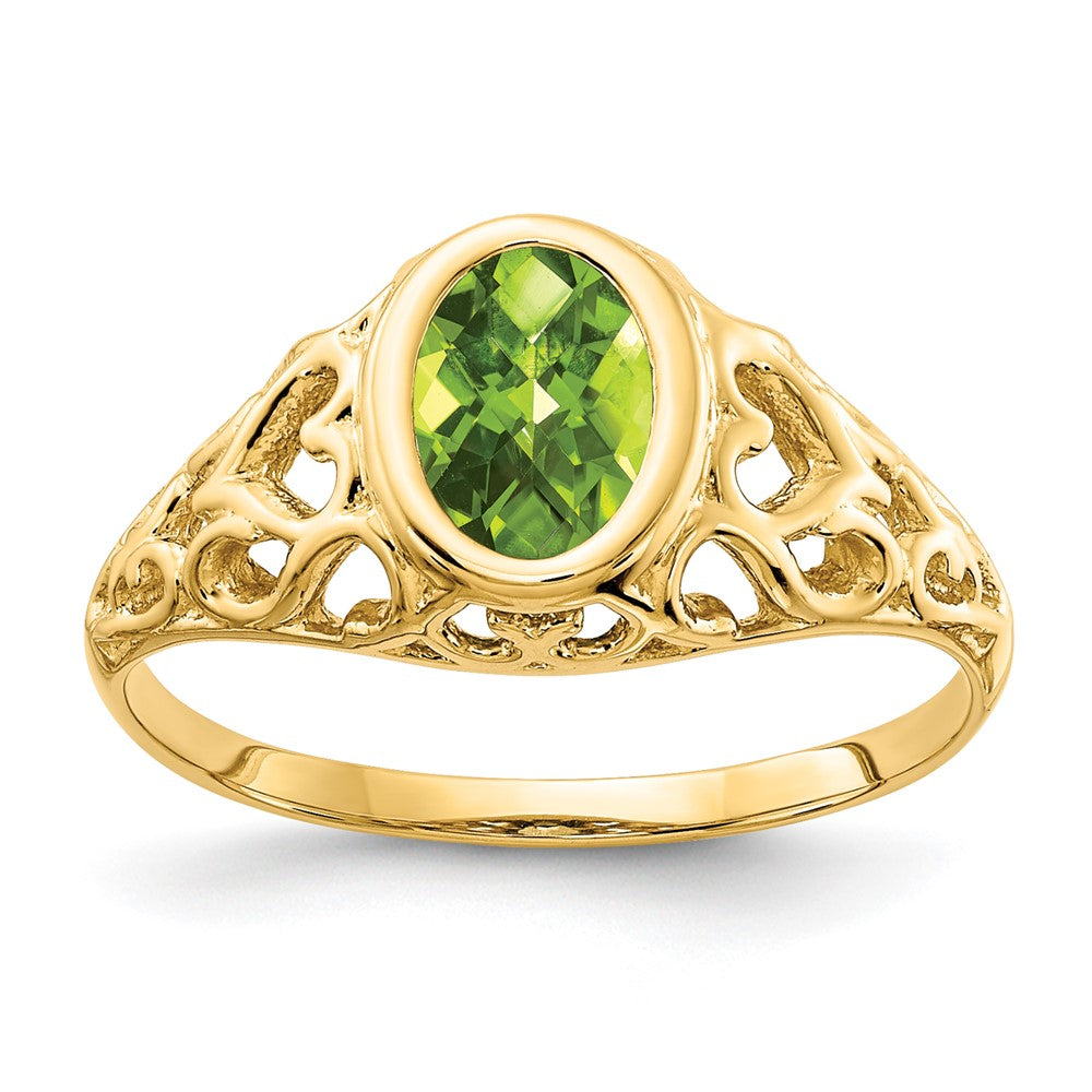 Casted;Polished;14k Yellow gold;Genuine;In-house sizing;Peridot;Avail. in 10k yellow gold;Avail. in 18k yellow gold;Avail. in platinum;Avail. in 18k white gold;Oval