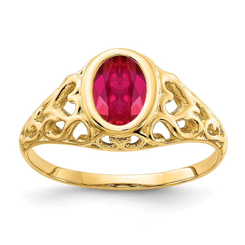 Casted;Polished;14k Yellow gold;Genuine;In-house sizing;Ruby;Avail. in 10k yellow gold;Avail. in 18k yellow gold;Avail. in platinum;Avail. in 18k white gold;Oval