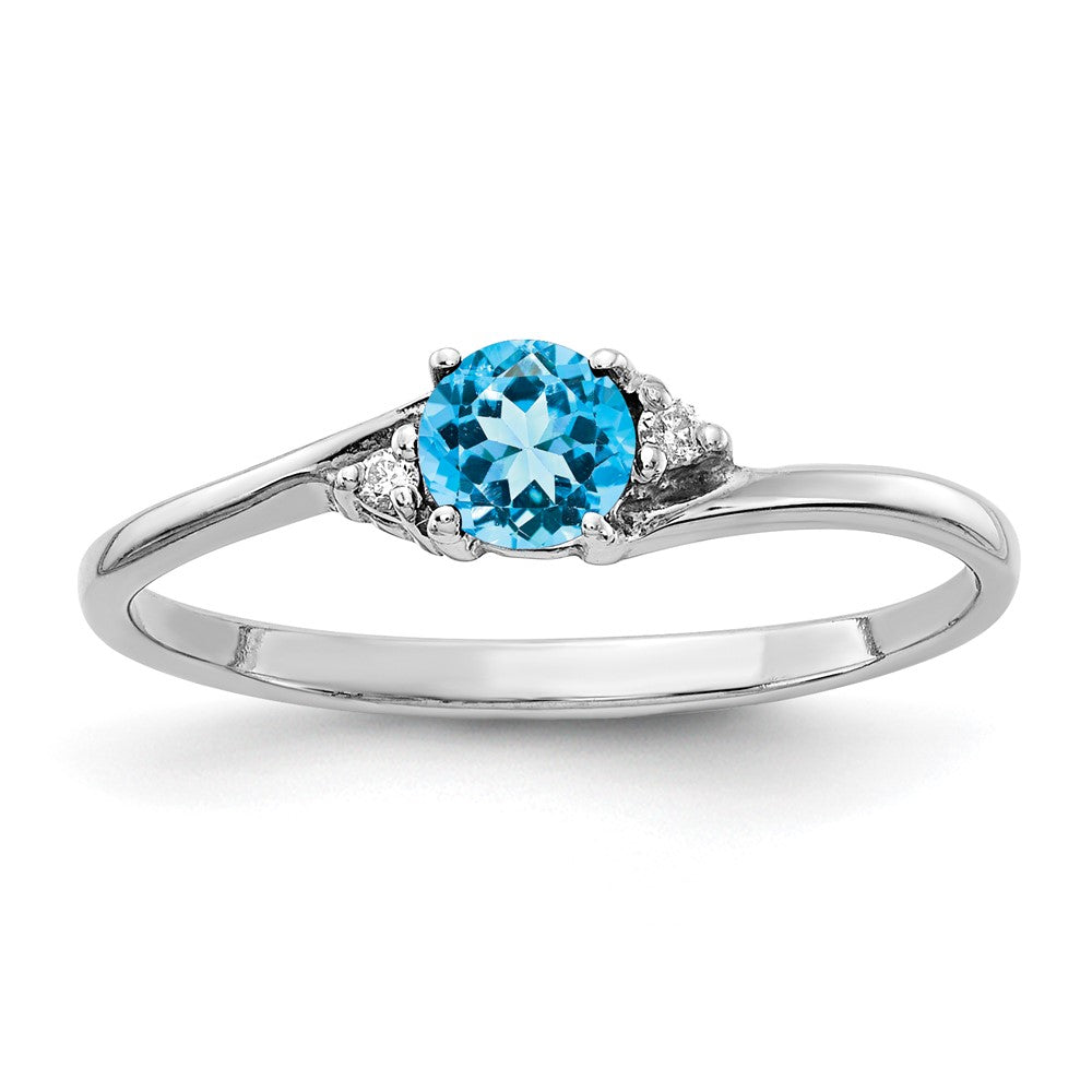 Casted;Polished;14K White gold;Genuine;In-house sizing;Blue topaz;Diamond;Avail. in 10k yellow gold;Avail. in 18k yellow gold;Avail. in platinum;Prong set;Avail. in 18k white gold;AA quality