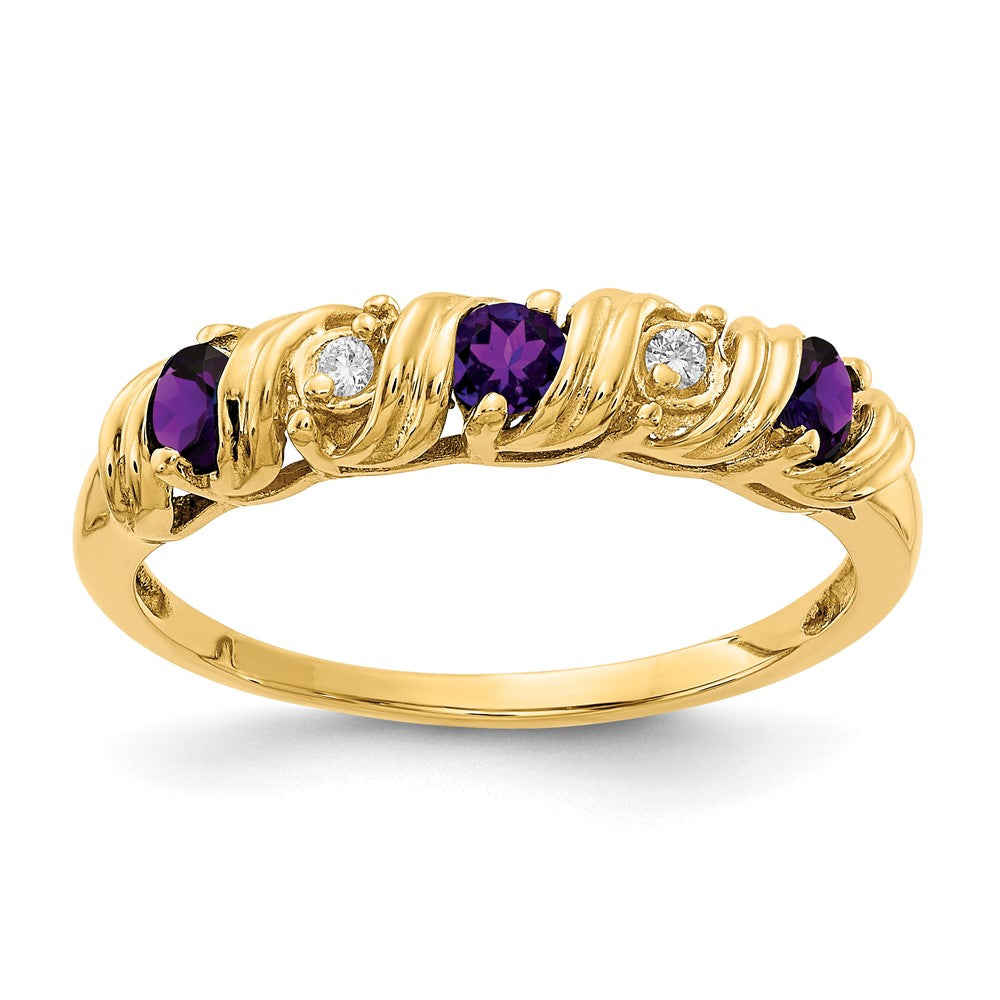 Casted;Polished;14k Yellow gold;Genuine;In-house sizing;Amethyst;Diamond;Avail. in 10k yellow gold;Avail. in 18k yellow gold;Avail. in platinum;Prong set;Avail. in 18k white gold;AA quality