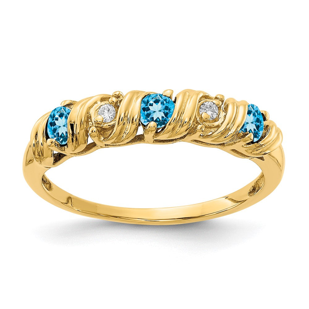 Casted;Polished;14k Yellow gold;Genuine;In-house sizing;Blue topaz;Diamond;Avail. in 10k yellow gold;Avail. in 18k yellow gold;Avail. in platinum;Prong set;Avail. in 18k white gold;AA quality