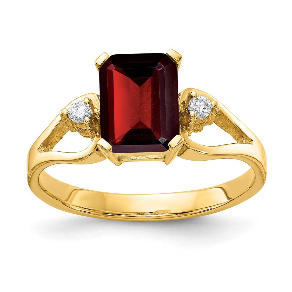 Casted;Polished;14k Yellow gold;Genuine;In-house sizing;Diamond;Garnet;Avail. in 10k yellow gold;Avail. in 18k yellow gold;Avail. in platinum;Prong set;Avail. in 18k white gold;AA quality;Emerald Cut