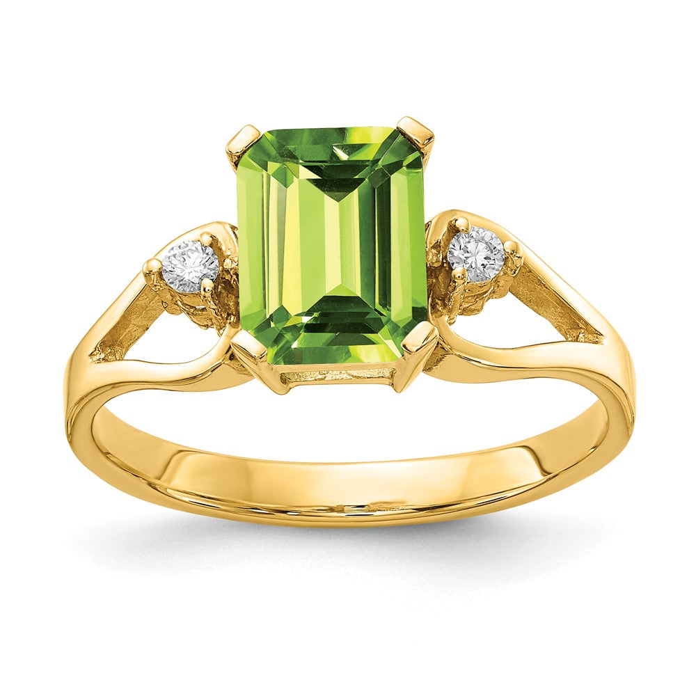 Casted;Polished;14k Yellow gold;Genuine;In-house sizing;Diamond;Emerald;Peridot;Avail. in 10k yellow gold;Avail. in 18k yellow gold;Avail. in platinum;Prong set;Avail. in 18k white gold;AA quality;Emerald Cut