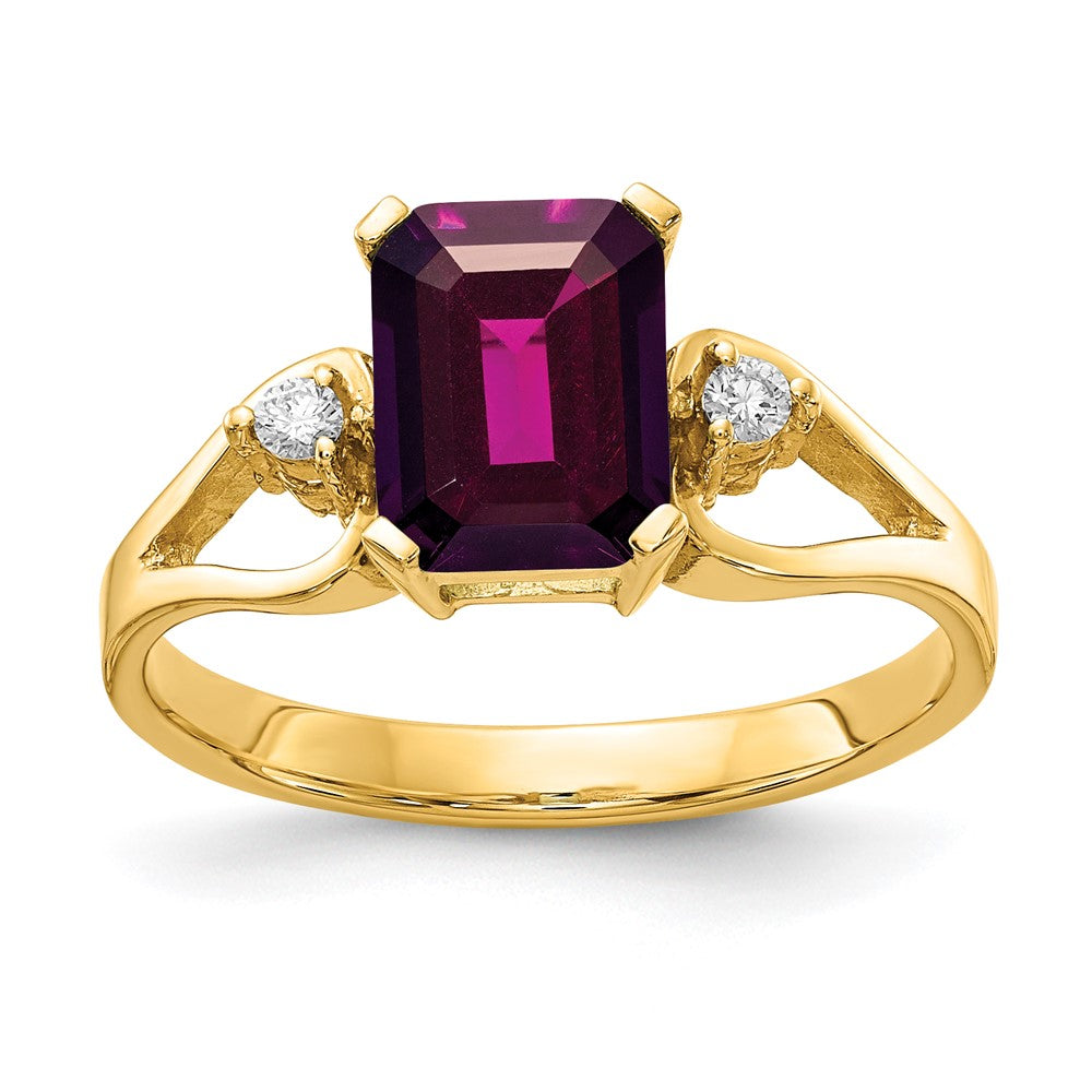 Casted;Polished;14k Yellow gold;Genuine;In-house sizing;Diamond;Rhodolite garnet;Avail. in 10k yellow gold;Avail. in 18k yellow gold;Avail. in platinum;Prong set;Avail. in 18k white gold;AA quality;Emerald Cut