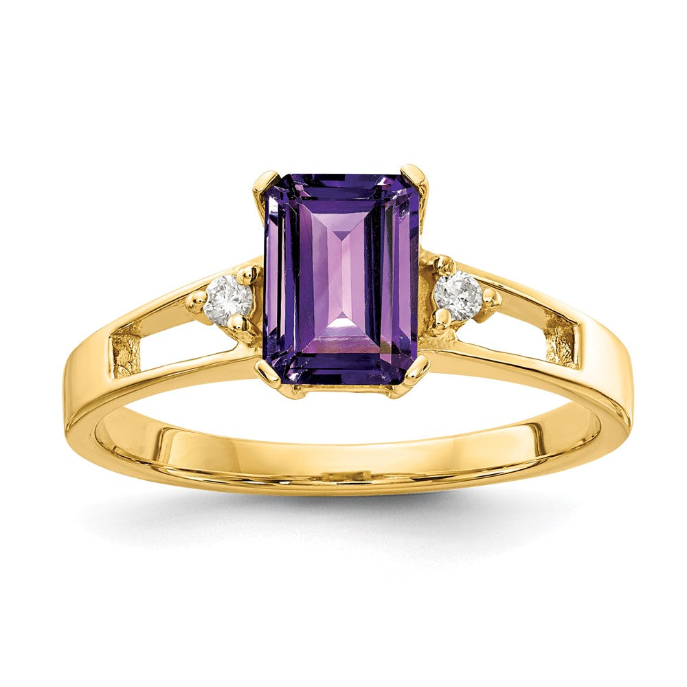 Casted;Polished;14k Yellow gold;Genuine;In-house sizing;Amethyst;Diamond;Avail. in 10k yellow gold;Avail. in 18k yellow gold;Avail. in platinum;Avail. in 18k white gold;AA quality;Emerald Cut