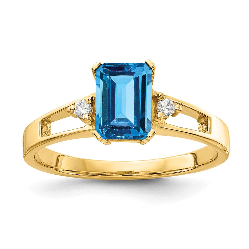 Casted;Polished;14k Yellow gold;Genuine;In-house sizing;Blue topaz;Diamond;Avail. in 10k yellow gold;Avail. in 18k yellow gold;Avail. in platinum;Avail. in 18k white gold;AA quality;Emerald Cut