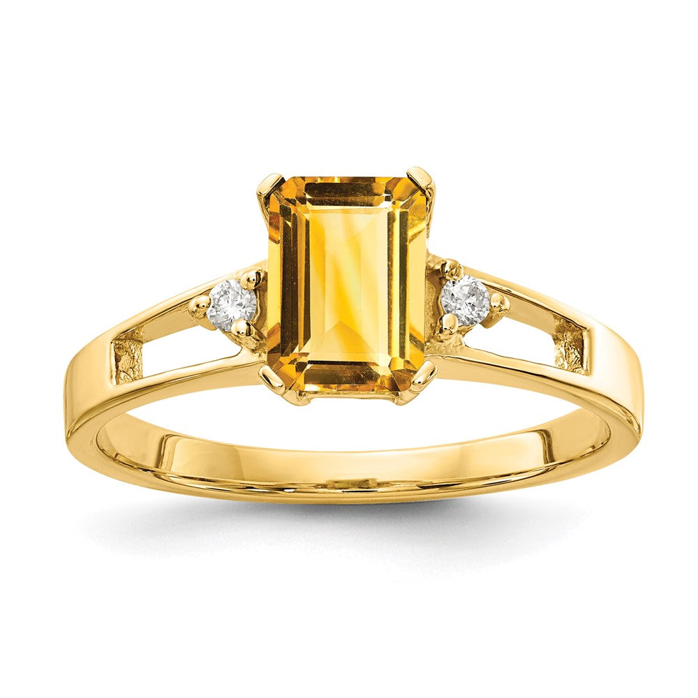 Casted;Polished;14k Yellow gold;Genuine;In-house sizing;Citrine;Diamond;Avail. in 10k yellow gold;Avail. in 18k yellow gold;Avail. in platinum;Avail. in 18k white gold;AA quality;Emerald Cut