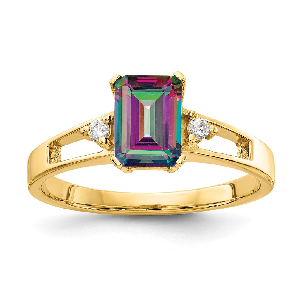 Casted;Polished;14k Yellow gold;Genuine;In-house sizing;Diamond;Avail. in 10k yellow gold;Avail. in 18k yellow gold;Avail. in platinum;Avail. in 18k white gold;Mystic fire topaz;AA quality;Emerald Cut
