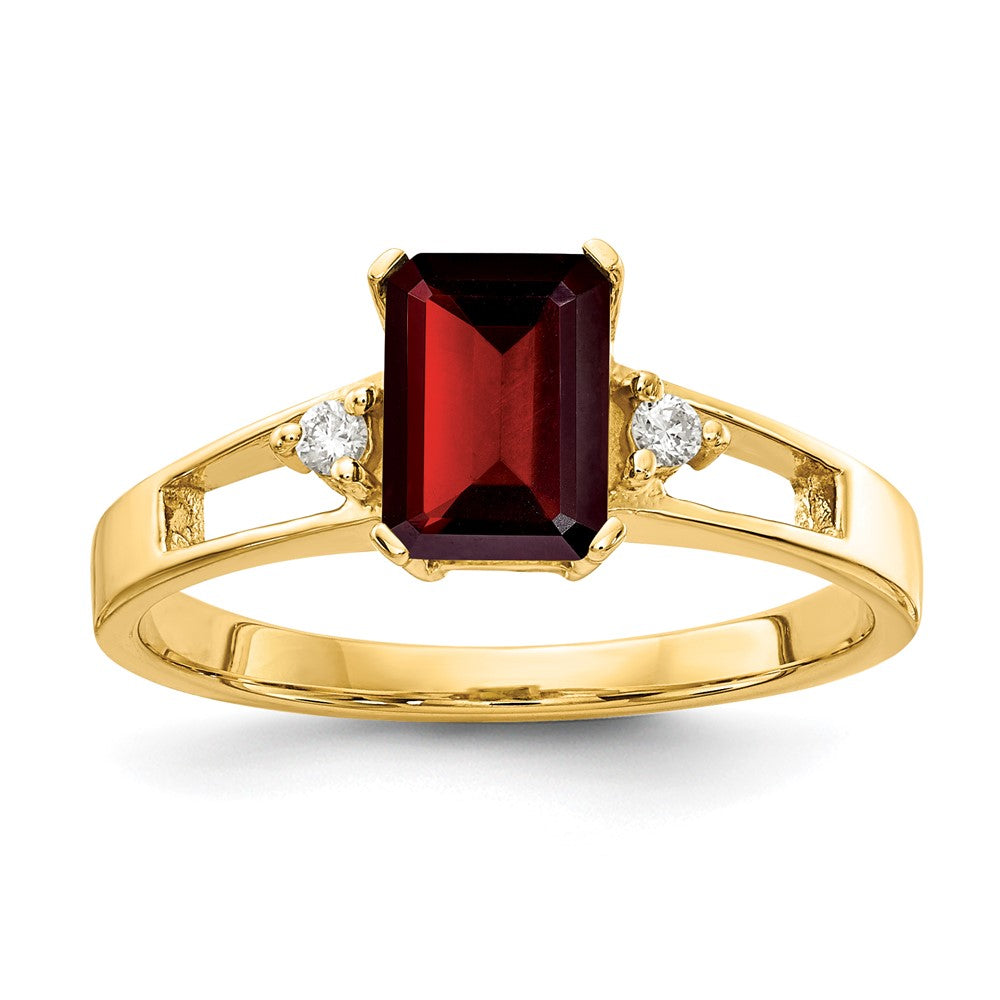 Casted;Polished;14k Yellow gold;Genuine;In-house sizing;Diamond;Garnet;Avail. in 10k yellow gold;Avail. in 18k yellow gold;Avail. in platinum;Avail. in 18k white gold;AA quality;Emerald Cut