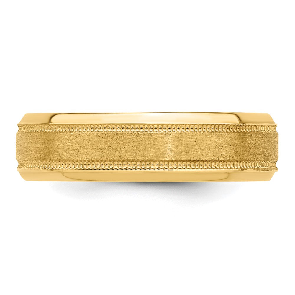 14k Yellow Gold 6mm Standard Weight Comfort Fit Brushed Satin/Polished Milgrain Grooved Edge Wedding Band Size 9.5