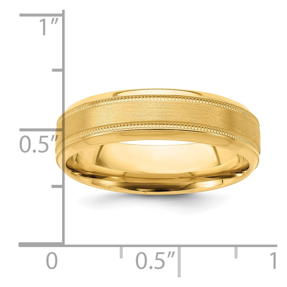 14k Yellow Gold 6mm Standard Weight Comfort Fit Brushed Satin/Polished Milgrain Grooved Edge Wedding Band Size 10