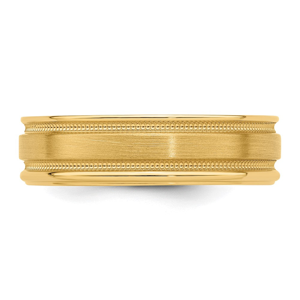 14k Yellow Gold 6mm Heavyweight Comfort Fit Brushed Satin/Polished Milgrain Grooved Edge Wedding Band Size 10