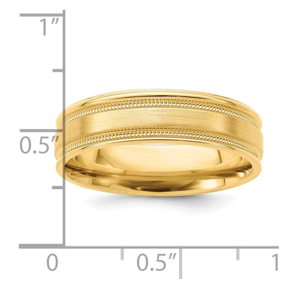 14k Yellow Gold 6mm Heavyweight Comfort Fit Brushed Satin/Polished Milgrain Grooved Edge Wedding Band Size 10