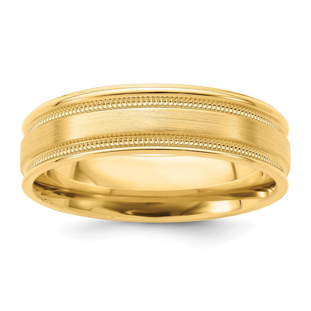Solid;14k Yellow gold;Comfort fit;Polished & satin;Milgrain;Heavy Weight;Flat;Grooved