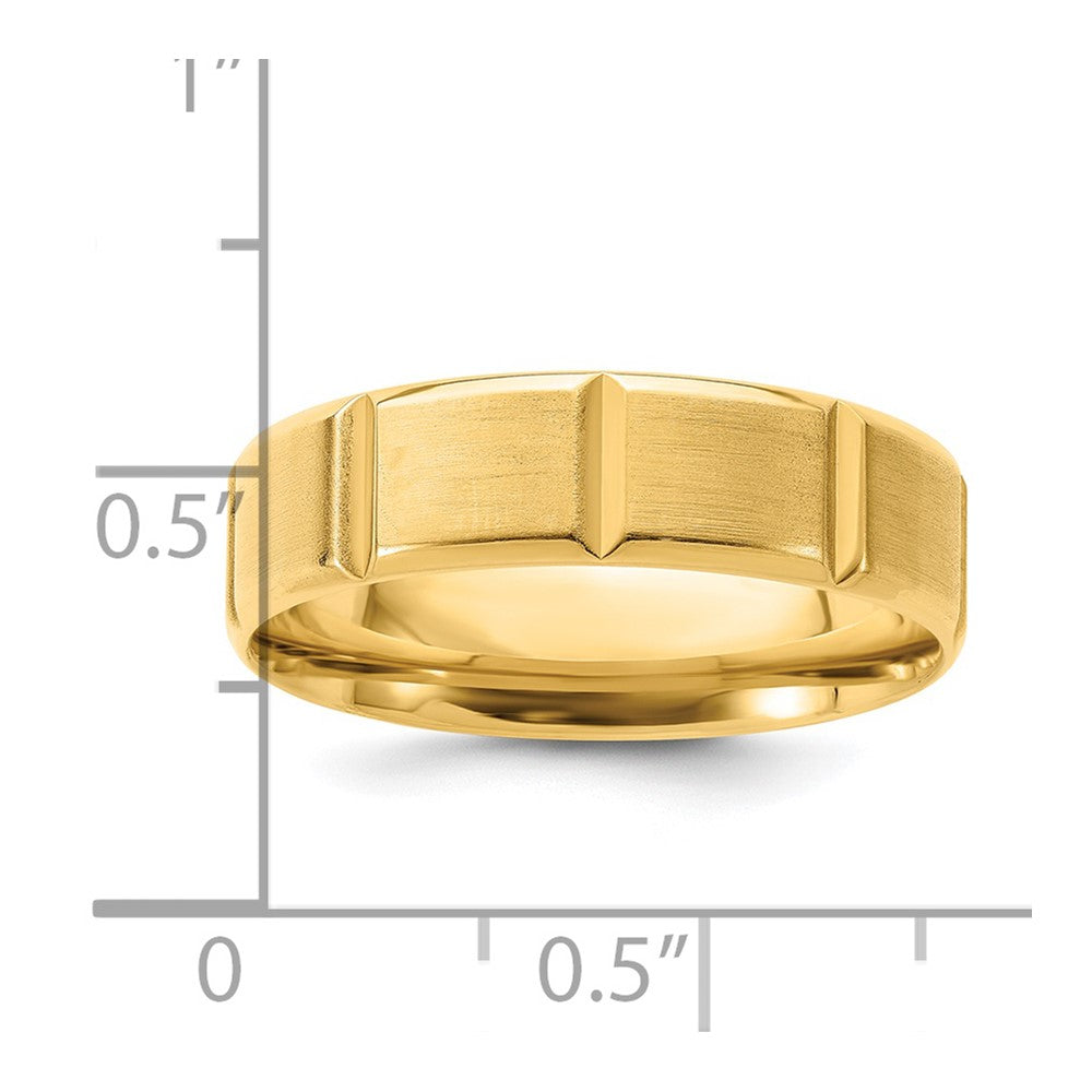 14k Yellow Gold 6mm Standard Weight Comfort Fit Brushed/Polished Beveled Edge with Vertical Lines Wedding Band Size 10