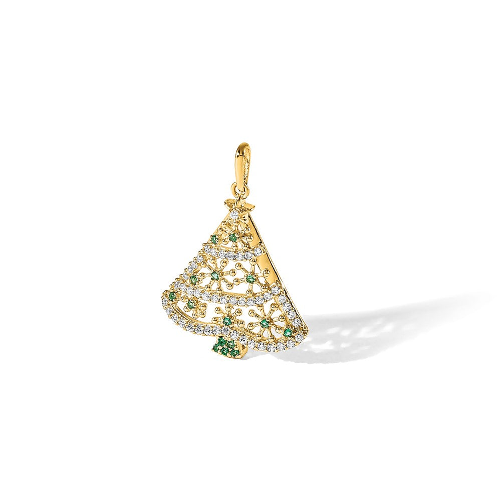 14k Polished Green and White CZ Christmas Tree Pendant