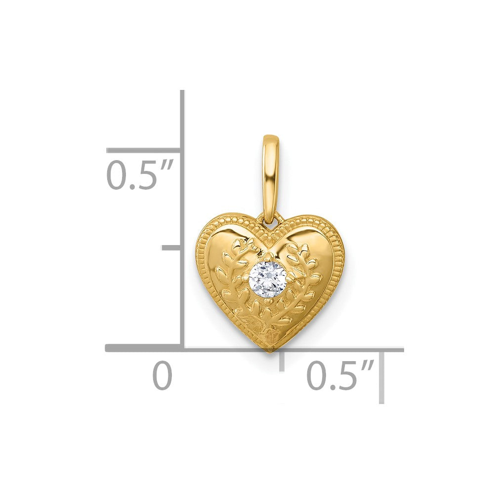 14k Polished and Textured CZ Floral Heart Charm / Pendant