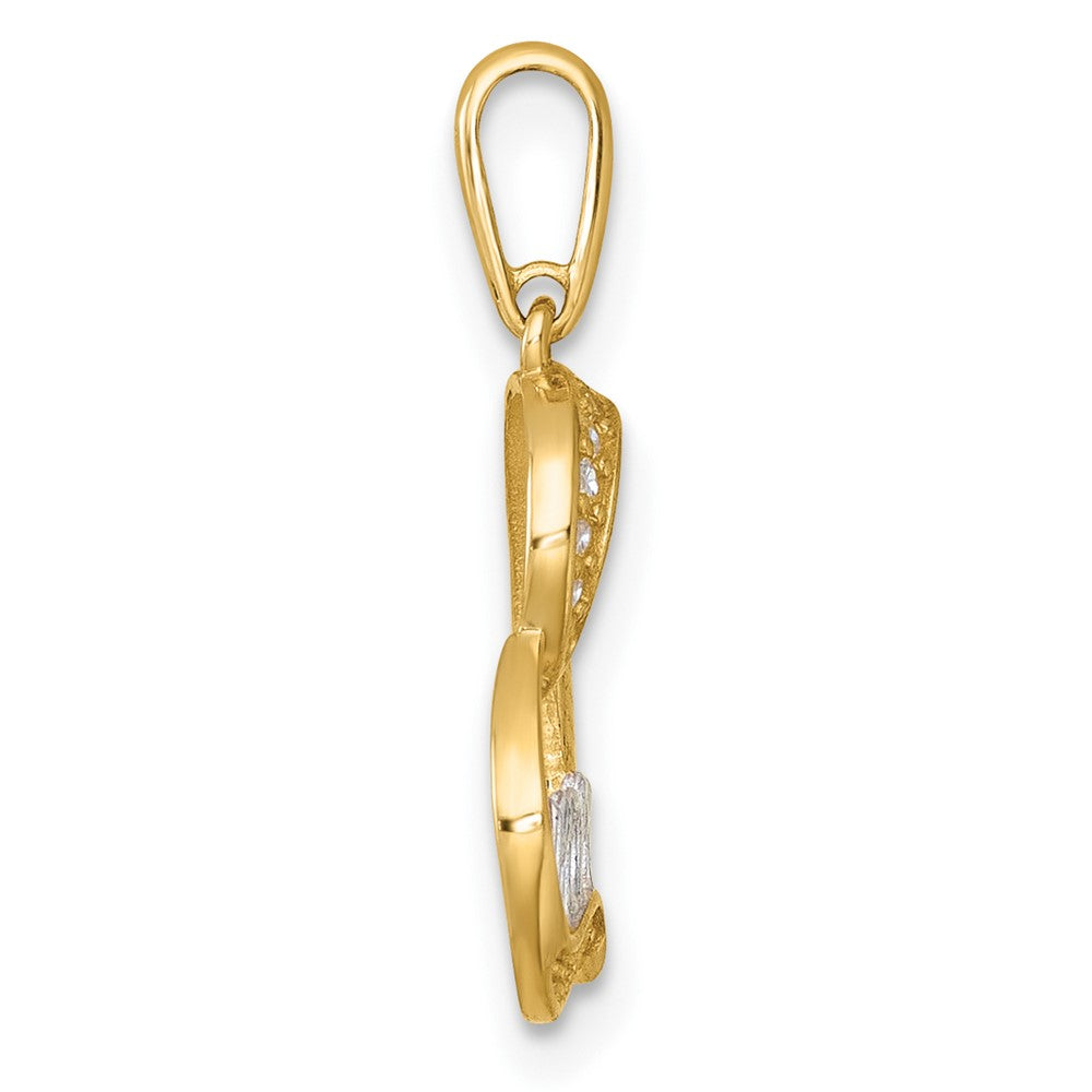 14k and Rhodium Polished White CZ Sideways Open Heart MOM Pendant