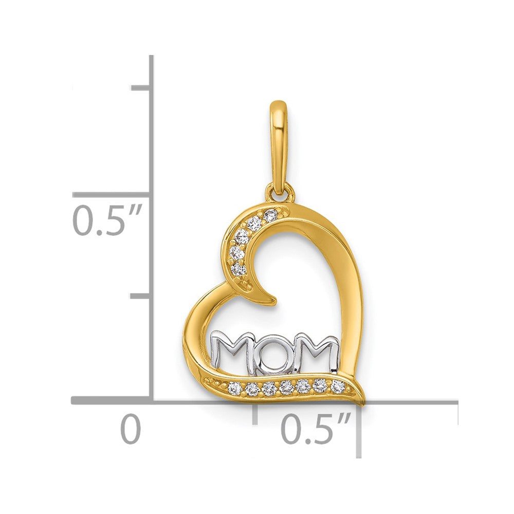 14k and Rhodium Polished White CZ Sideways Open Heart MOM Pendant