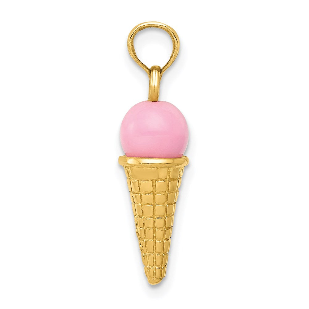 14K Satin Polished 3-D Pink Quartz Bead Ice Cream Cone Charm