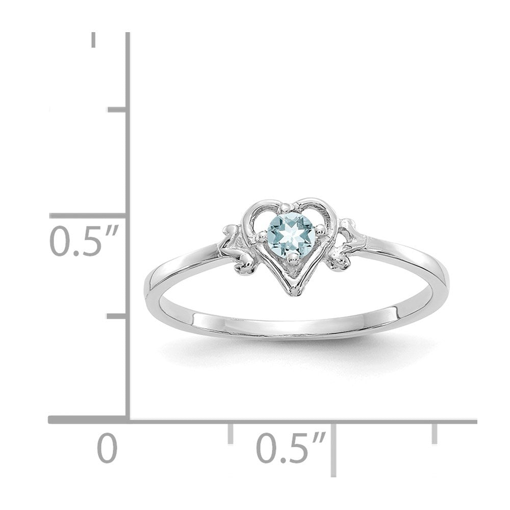 14K White Gold 3mm Round Aquamarine Birthstone Heart Ring