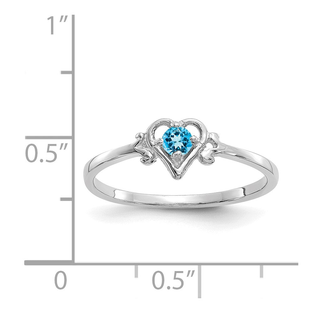 14K White Gold 3mm Round Blue Topaz Birthstone Heart Ring