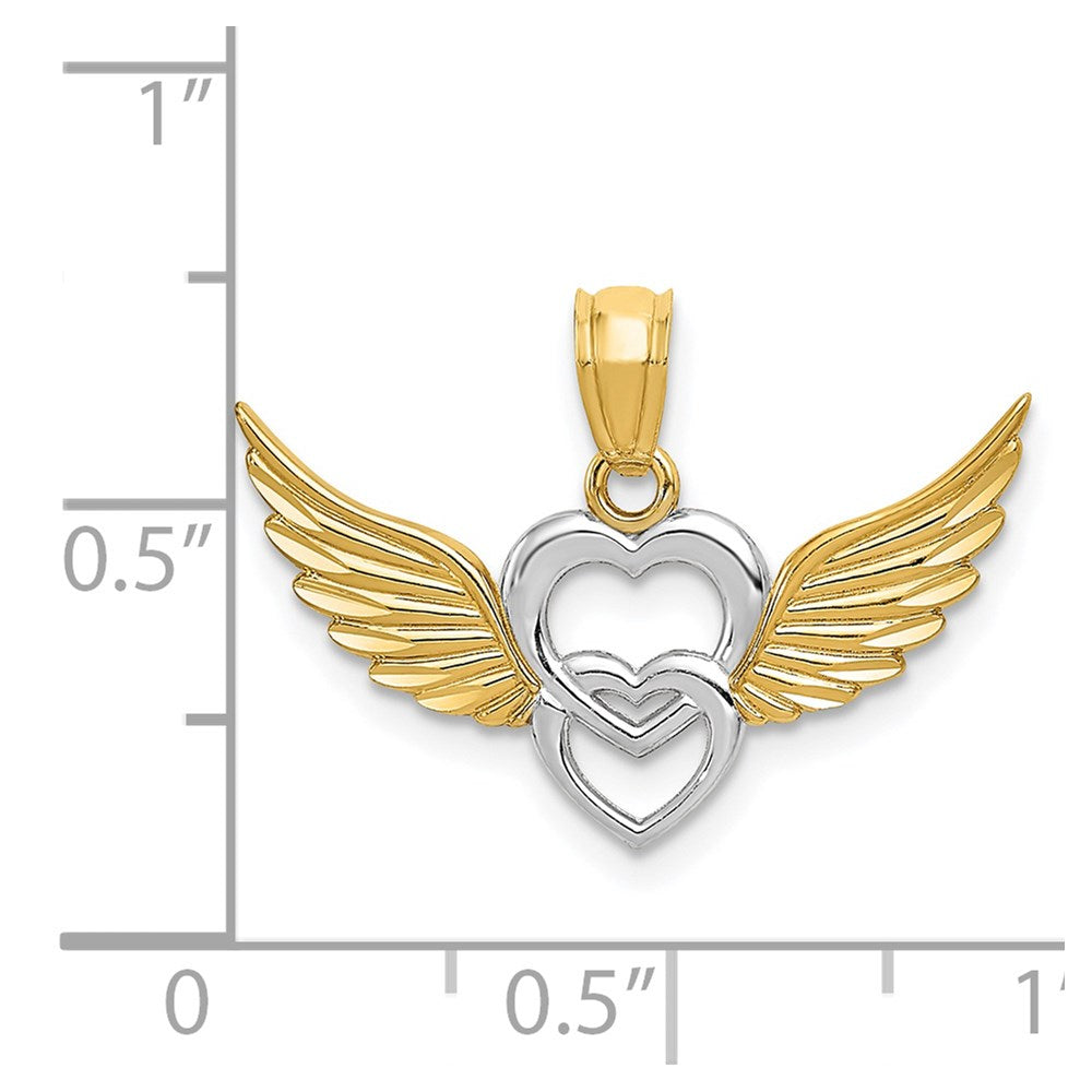 14K and White Rhodium Polished Hearts with Wings Pendant