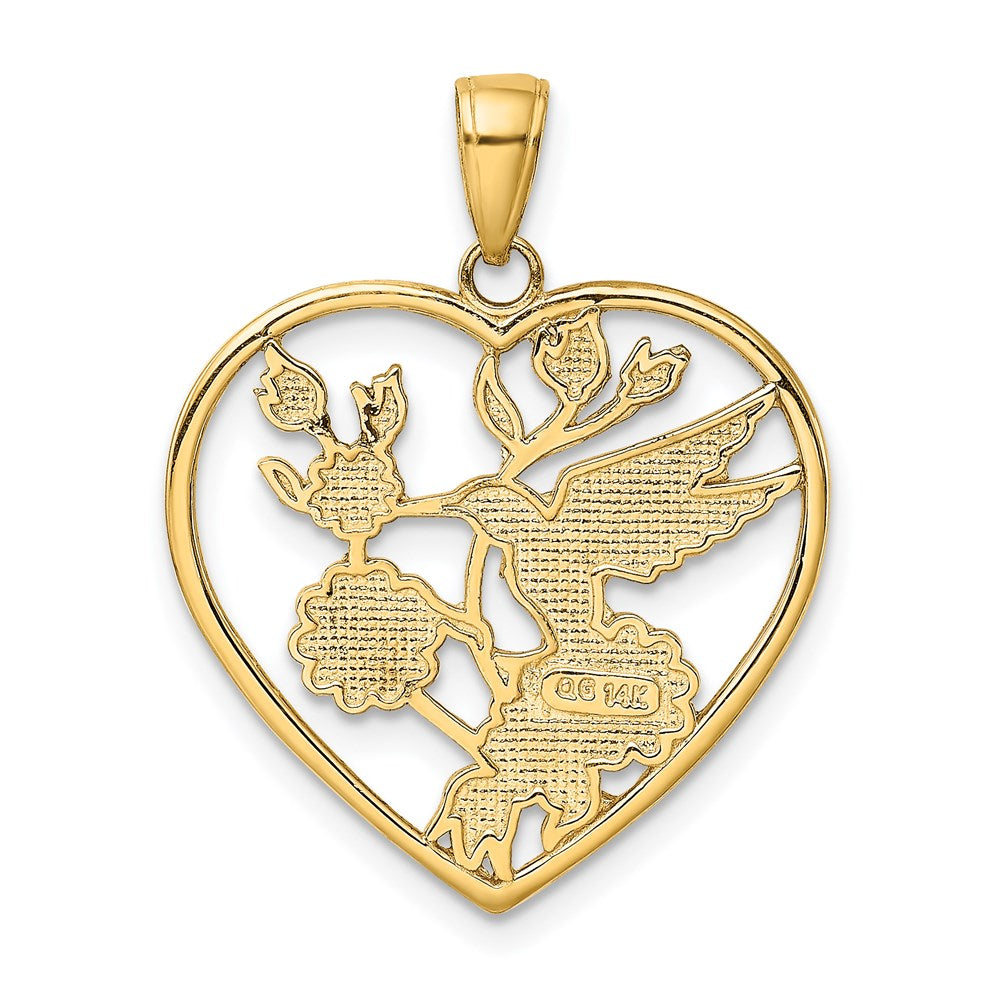 14k Enameled Hummingbird with Flowers Heart Pendant