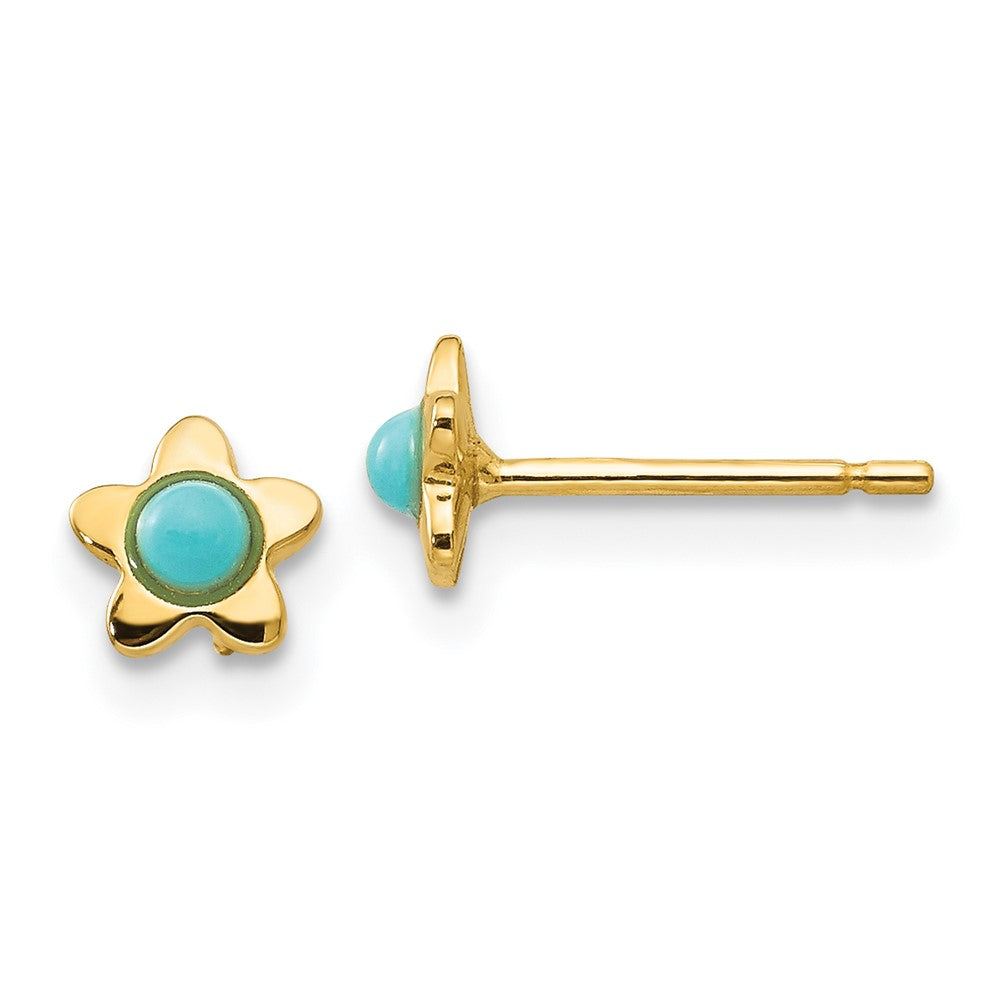 Solid;Polished;14k Yellow gold;Post;Turquoise
