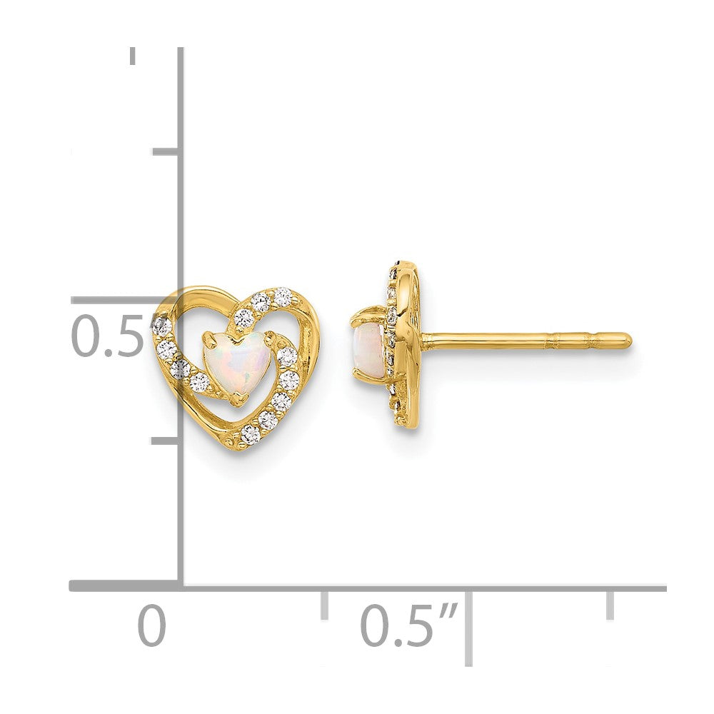 14K CZ and Created Opal Heart Post Earrings