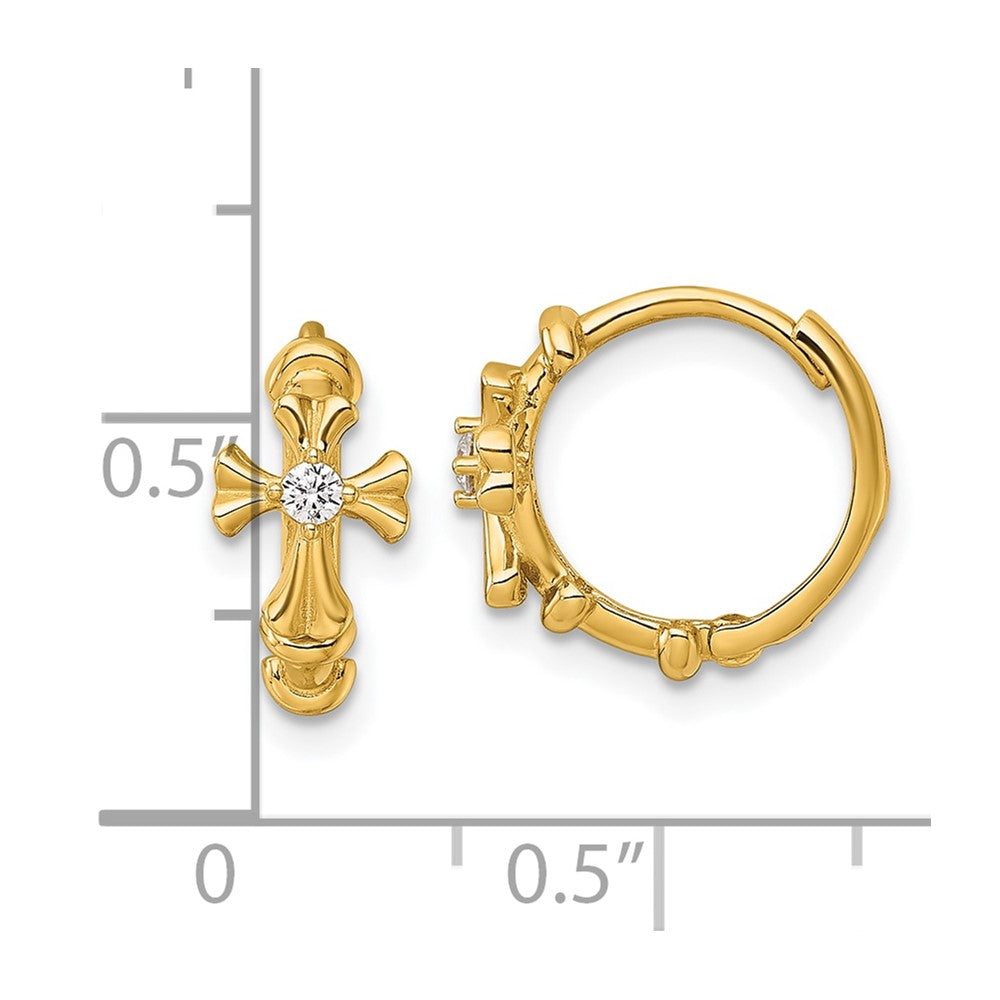 14k Polished CZ Cross Round Hinged Hoop Earrings
