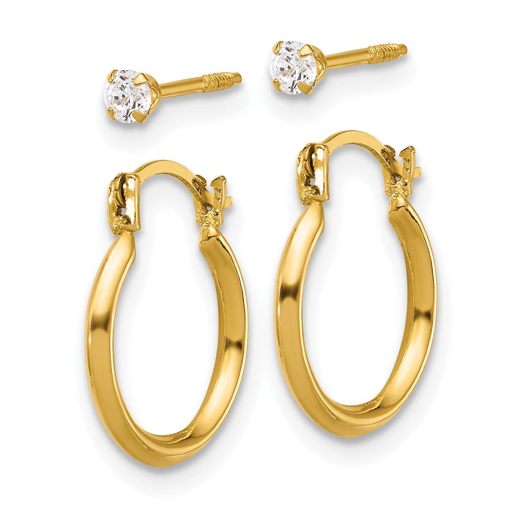 14k Polished 1.50mm Hoop and 2.5mm White CZ Screwback Post Set of 2 Pair Earrings