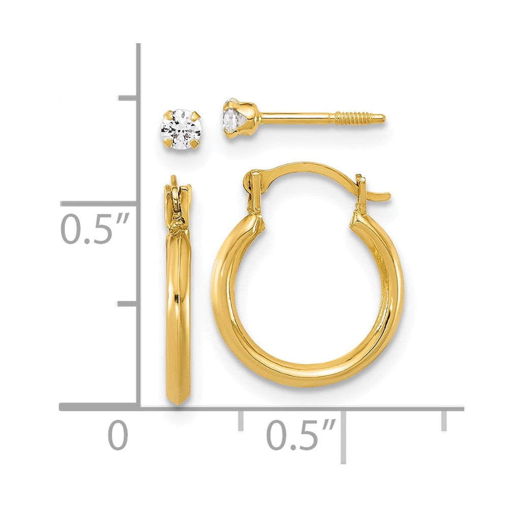 14k Polished 1.50mm Hoop and 2.5mm White CZ Screwback Post Set of 2 Pair Earrings