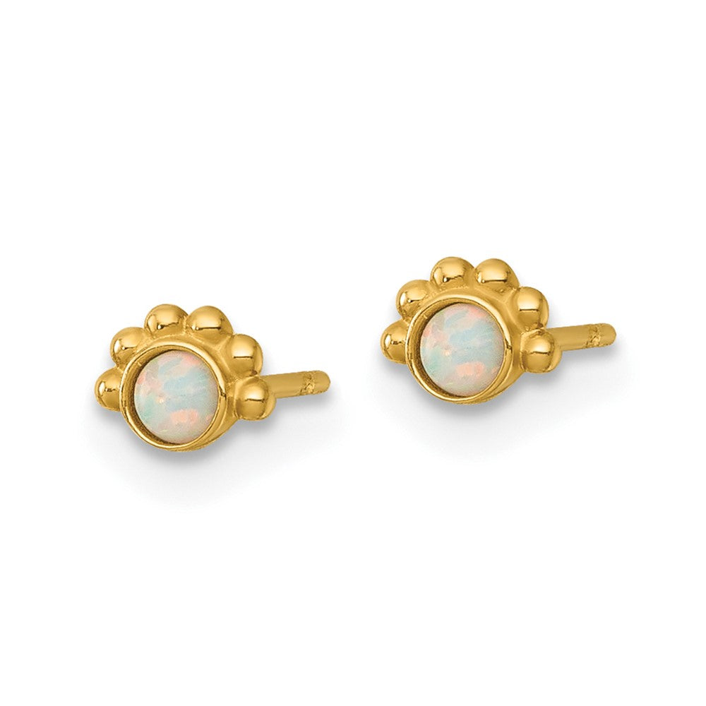 14k Polished and Beaded Lab Created Opal Post Earrings