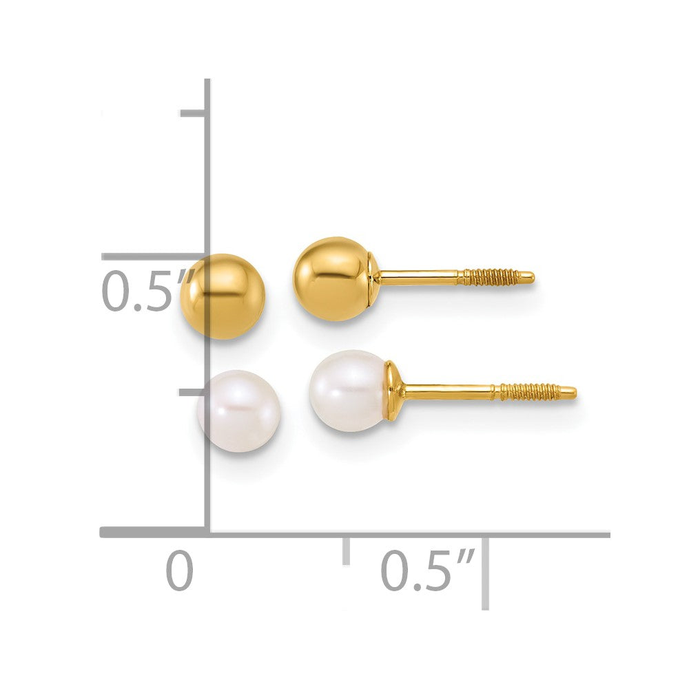 14k Polished 4mm Ball and 3-4mm Freshwater Cultured Pearl Screwback Post Set of 2 Pair Earrings