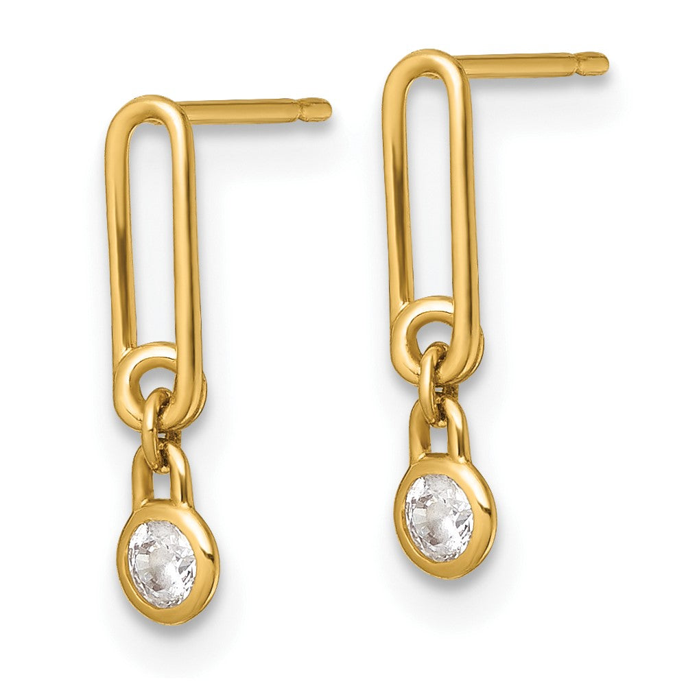 14k Polished CZ and Paperclip Link Dangle Post Earrings