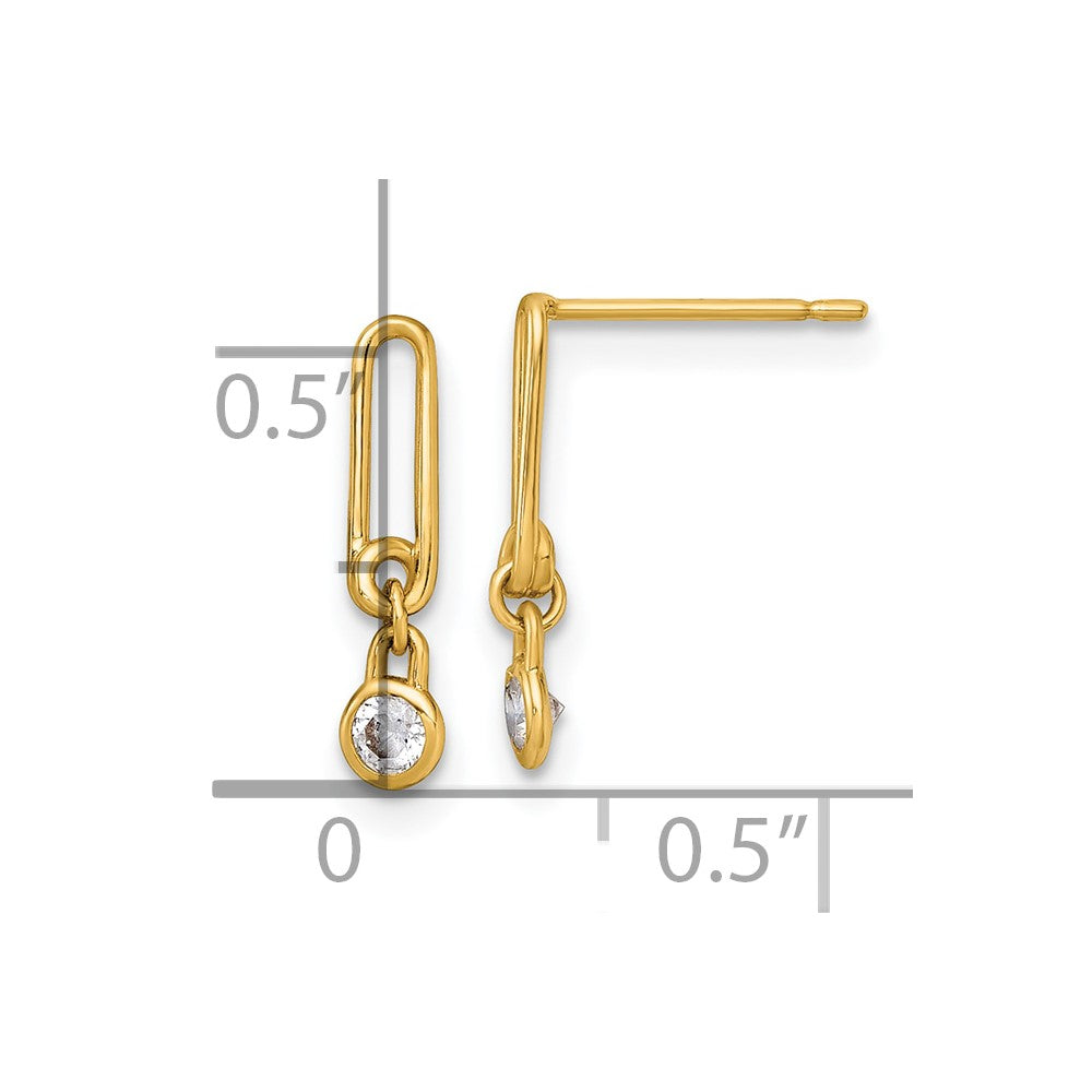 14k Polished CZ and Paperclip Link Dangle Post Earrings