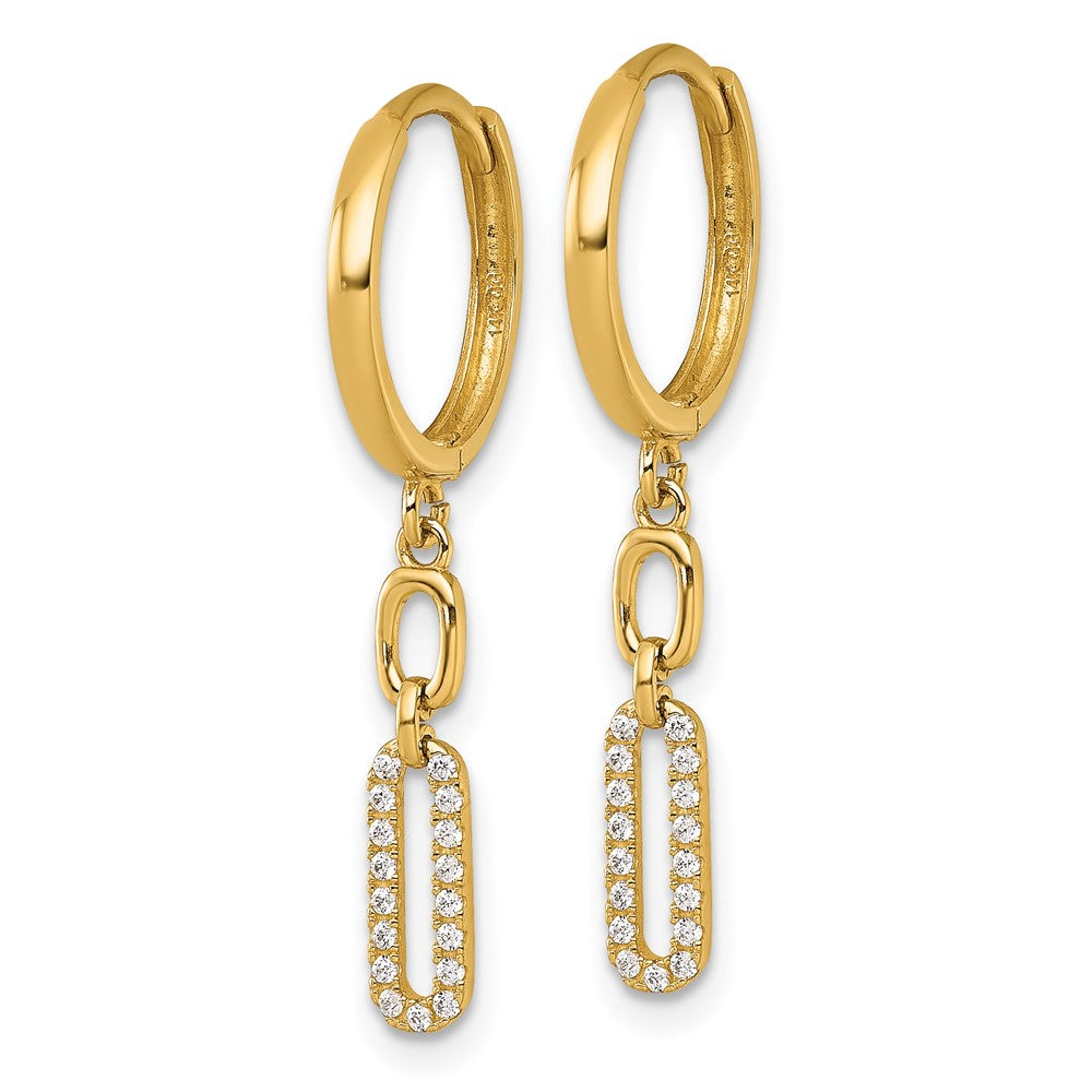 14k Polished Fancy CZ Long Link Dangle Round Hinged Hoop Earrings