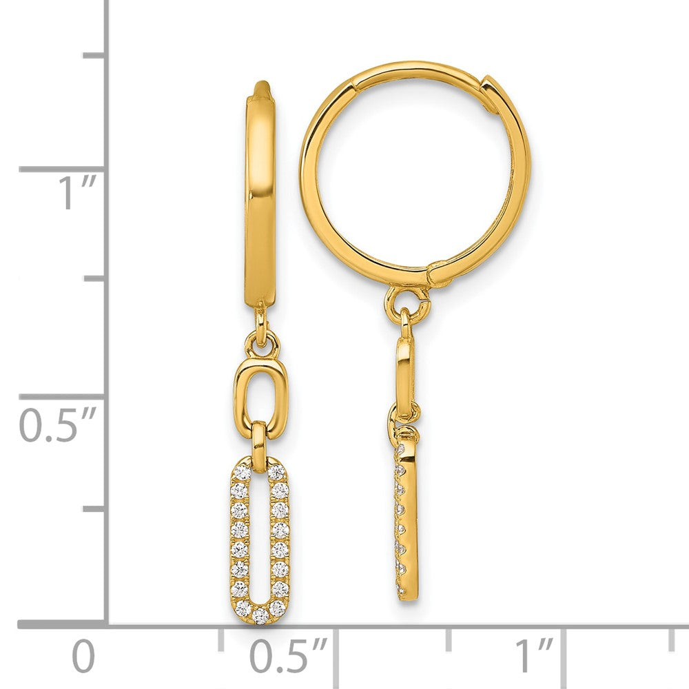 14k Polished Fancy CZ Long Link Dangle Round Hinged Hoop Earrings