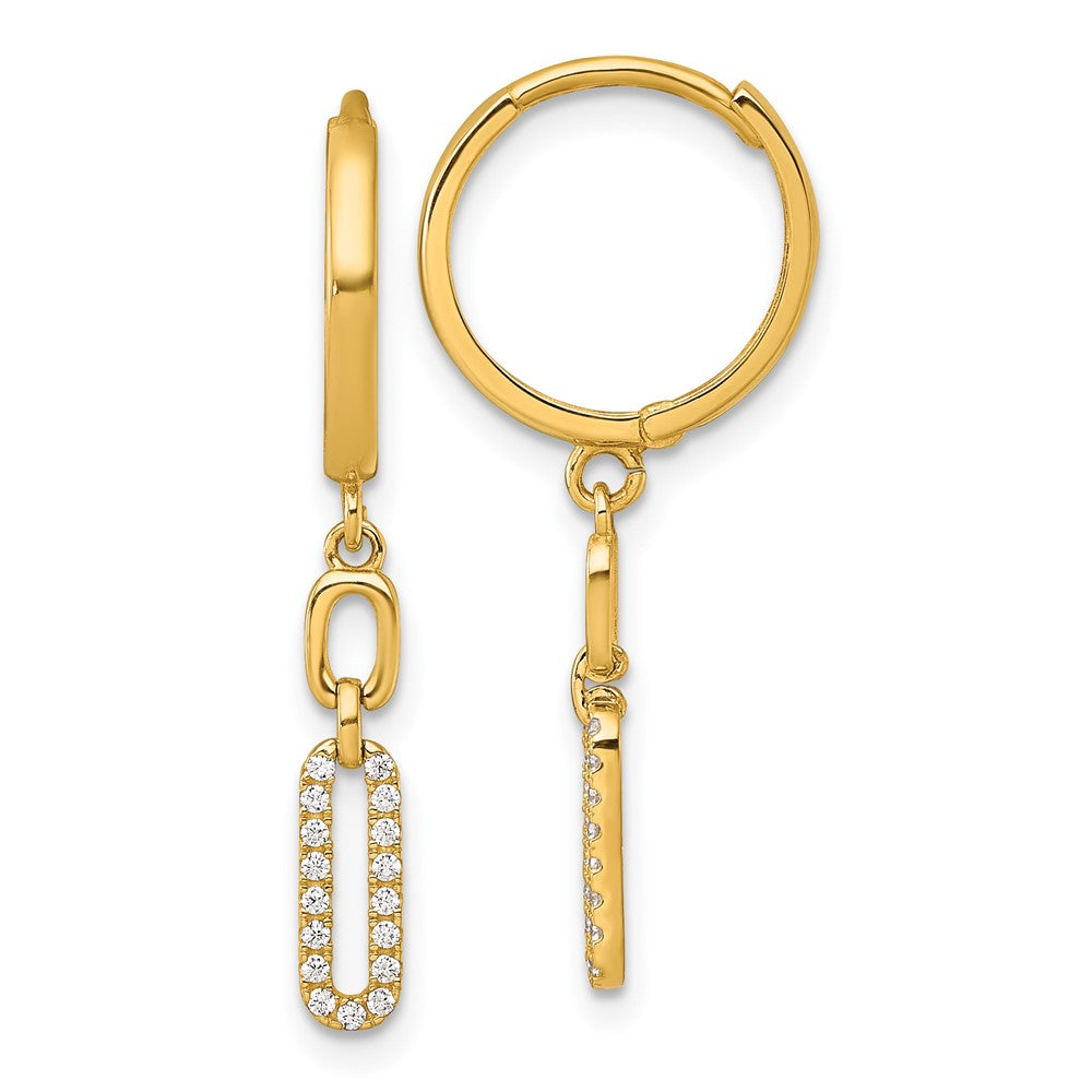 14k Polished Fancy CZ Long Link Dangle Round Hinged Hoop Earrings