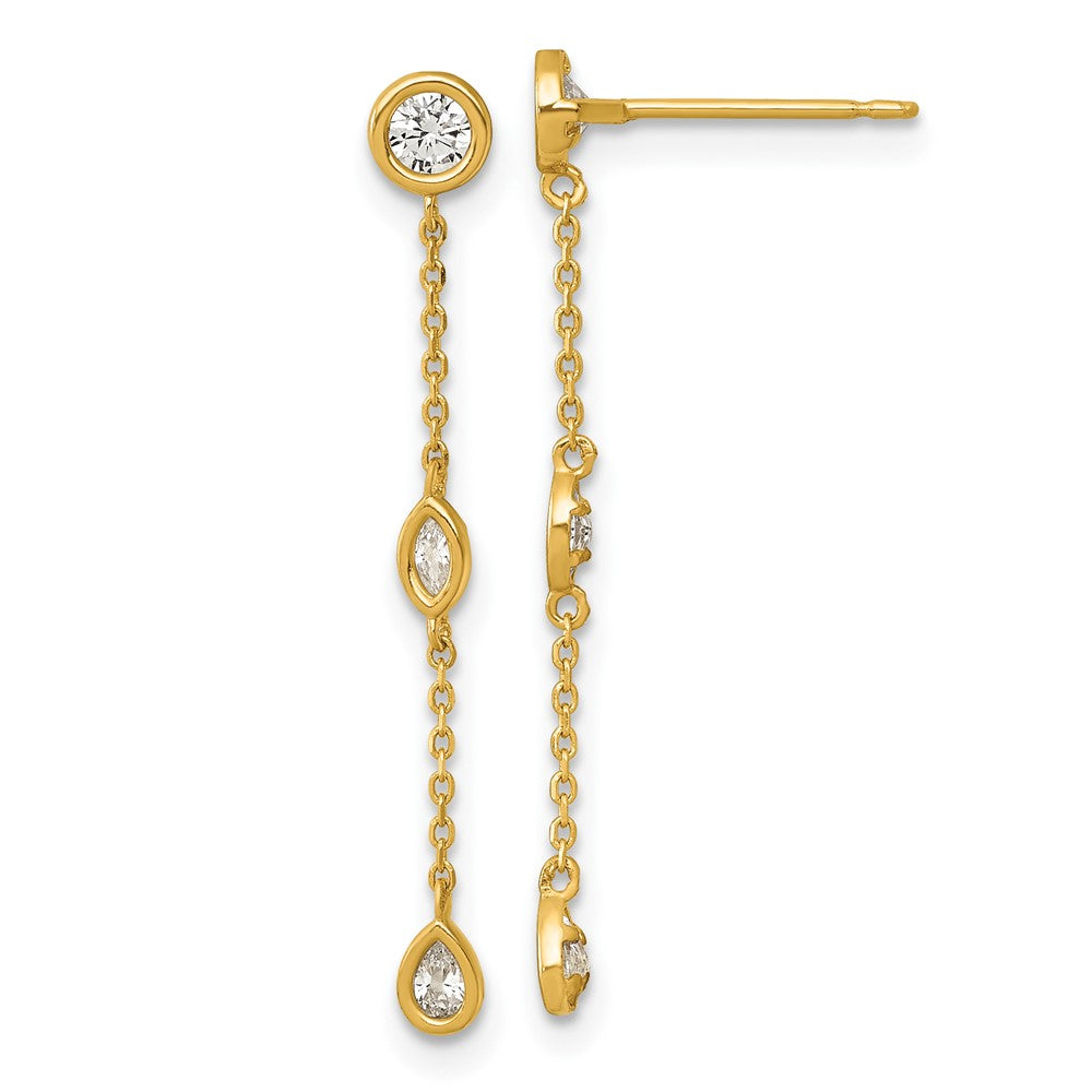 14k Polished Fancy Round/Marquise/Pear Bezel CZ and Chain Dangle Post Earrings