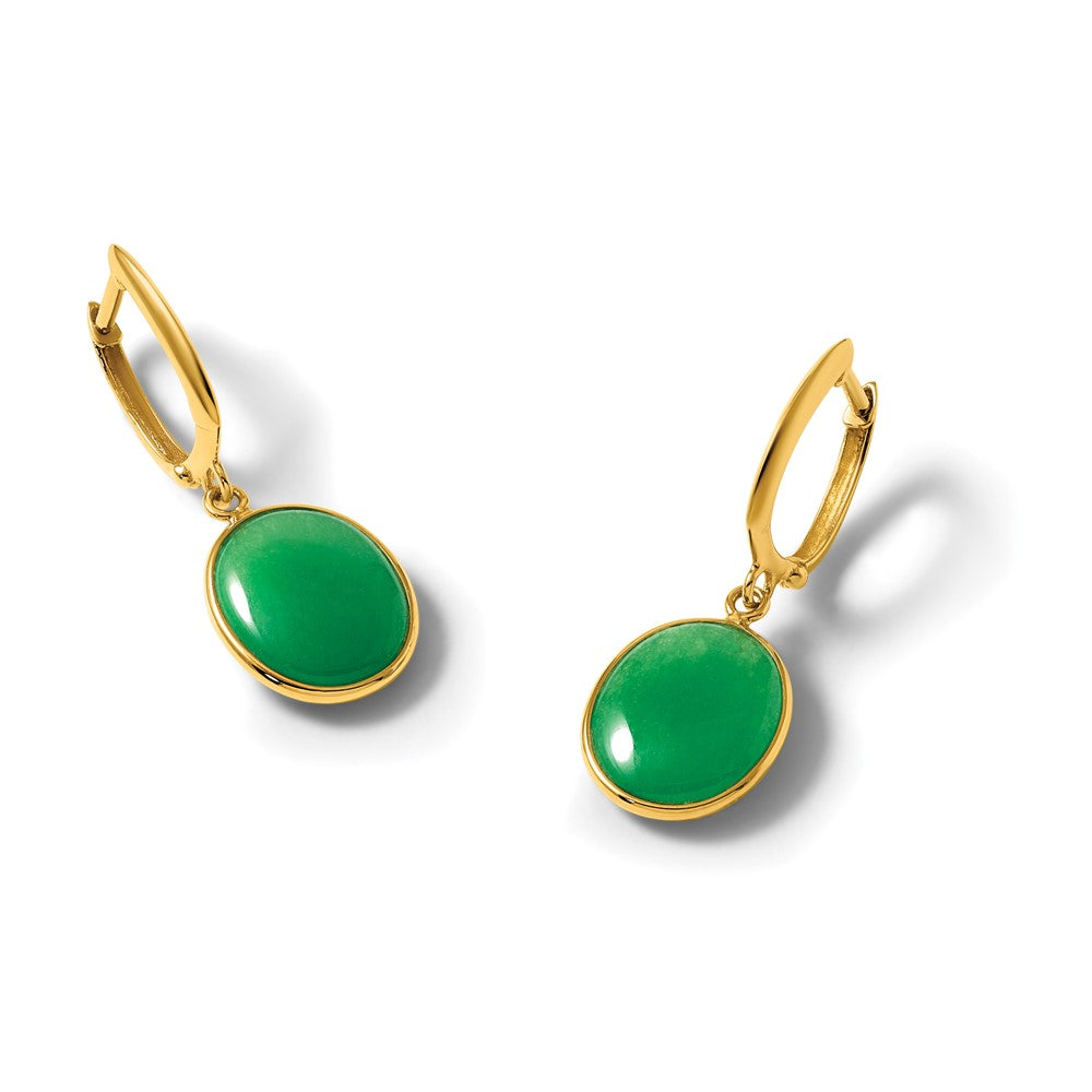 14K Polished Oval Jade Cabochon Dangle Hinged Hoop Earrings