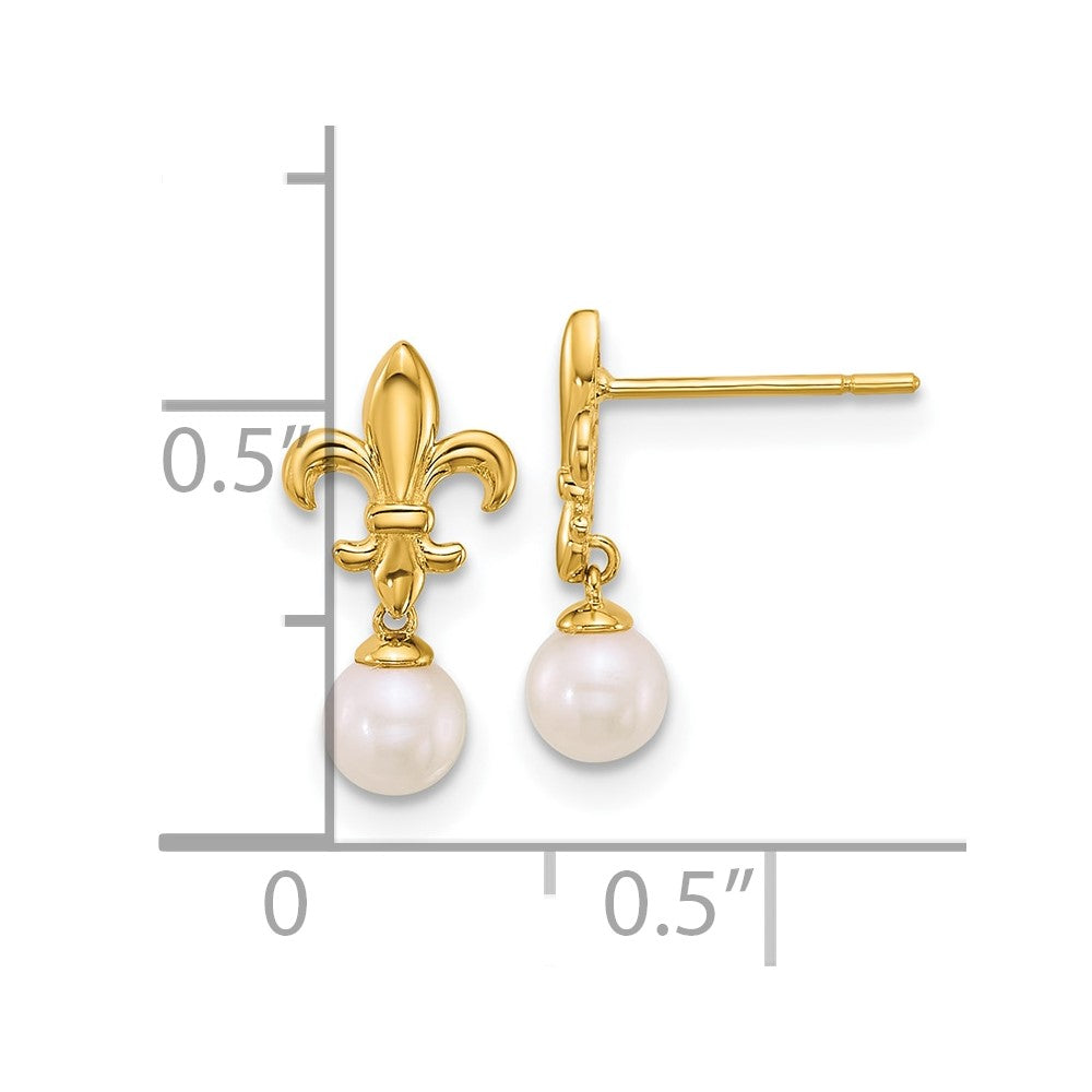 14k Polished Fleur de Lis 3-4mm Freshwater Cultured Pearl Post Dangle Earrings