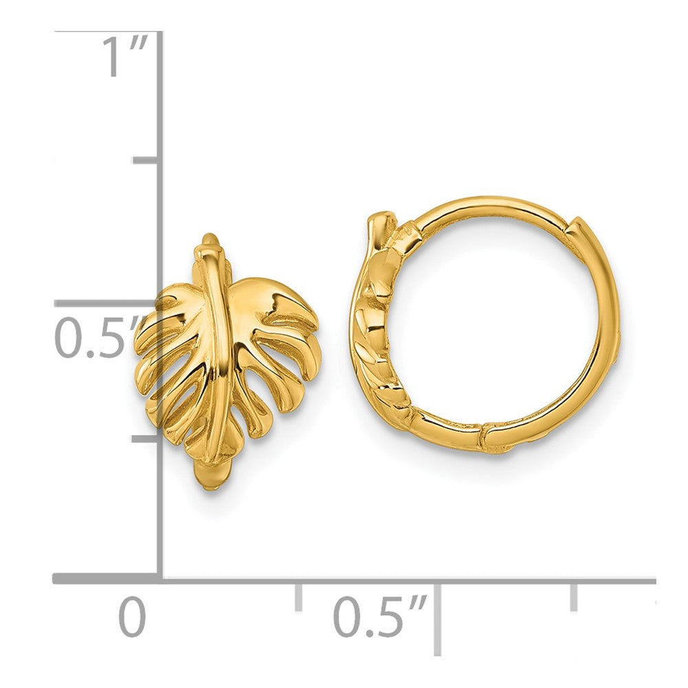 14k Polished Monstera Leaf Round Hinged Hoop Earrings