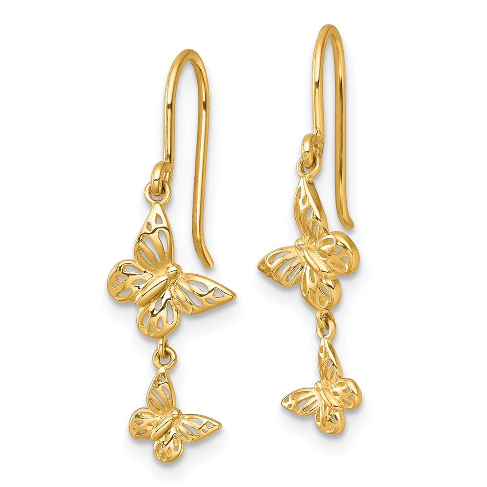 14k Polished Double Butterfly Shepherd Hook Dangle Earrings
