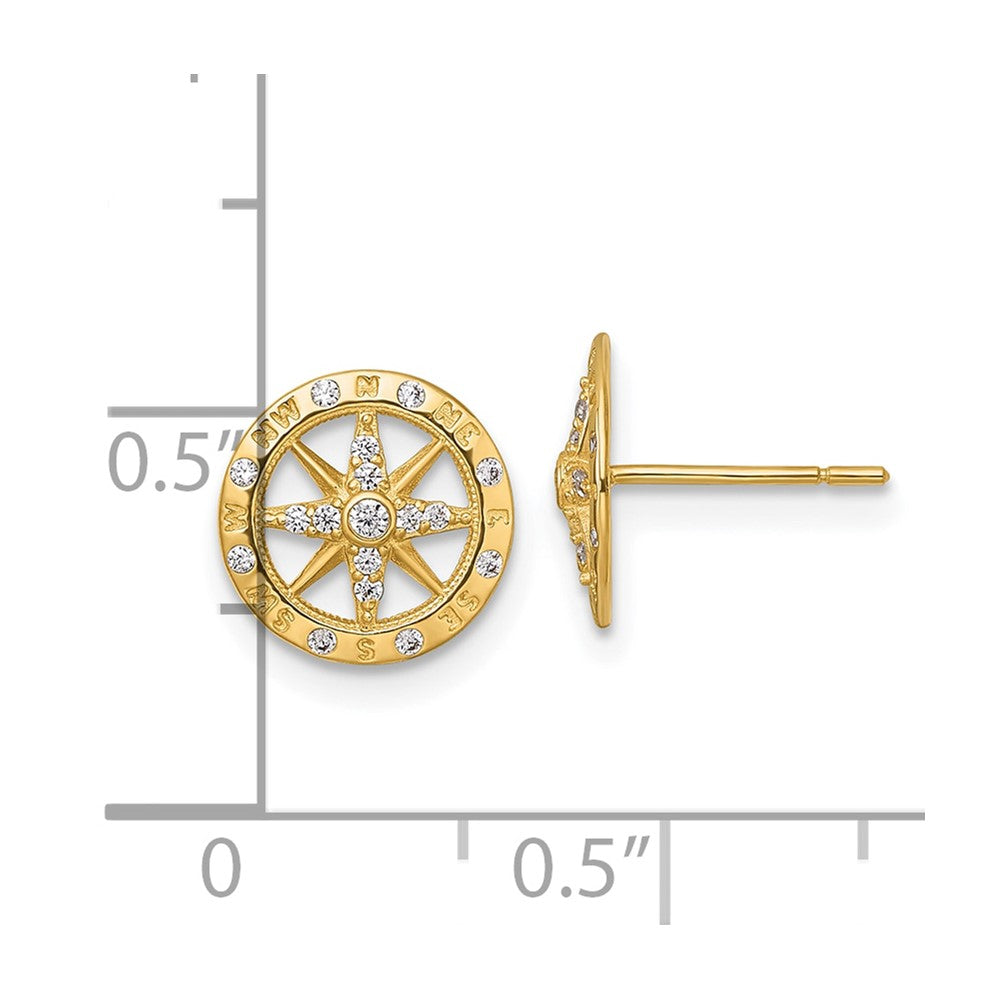 14k Polished White CZ Compass Post Earrings